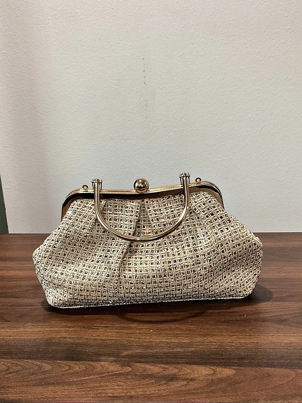Woven Frame Clutch in Beige & Gold L